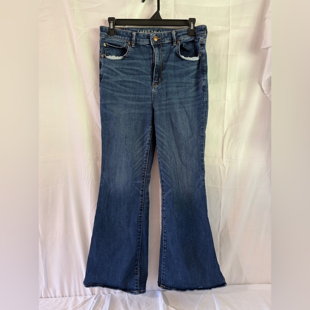 American Eagle Outfitters Dark Blue Super Hi-Rise Flare Jeans Next Level Stretch